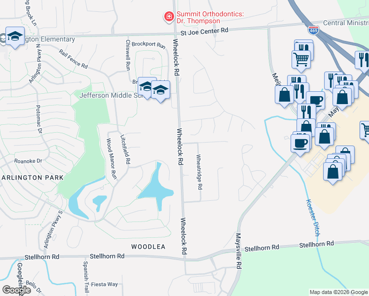 map of restaurants, bars, coffee shops, grocery stores, and more near 5026 Wheelock Road in Fort Wayne