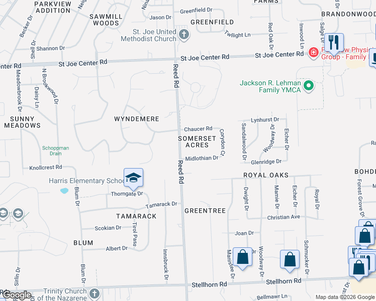 map of restaurants, bars, coffee shops, grocery stores, and more near in Fort Wayne