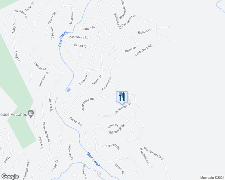 map of restaurants, bars, coffee shops, grocery stores, and more near 1105 Hampstead Road in Bushkill