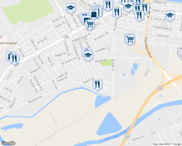 map of restaurants, bars, coffee shops, grocery stores, and more near 447 South Fairview Street in Lock Haven