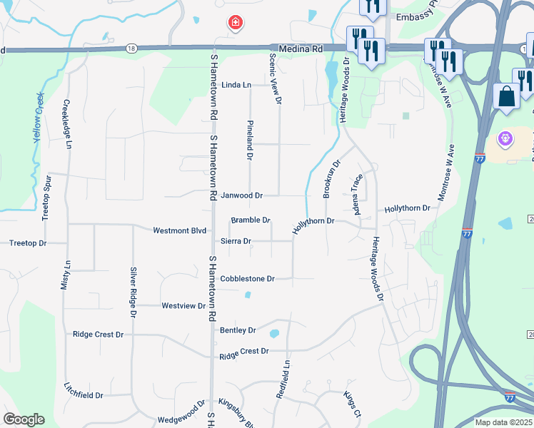 map of restaurants, bars, coffee shops, grocery stores, and more near 4297 Bramble Drive in Akron