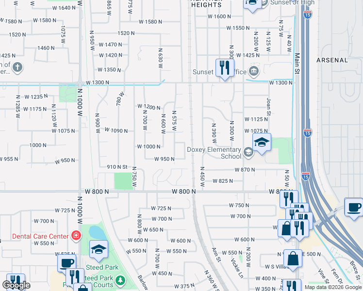 map of restaurants, bars, coffee shops, grocery stores, and more near 1028 North 525 West in Clinton