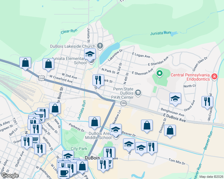 map of restaurants, bars, coffee shops, grocery stores, and more near 108 East 2nd Avenue in DuBois