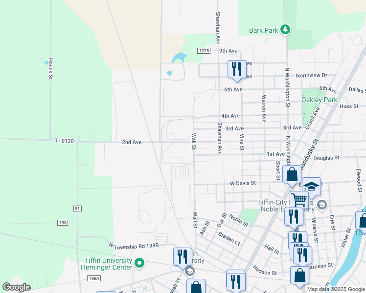 map of restaurants, bars, coffee shops, grocery stores, and more near 450 Wall Street in Tiffin