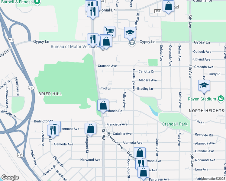 map of restaurants, bars, coffee shops, grocery stores, and more near 599 Tod Lane in Youngstown