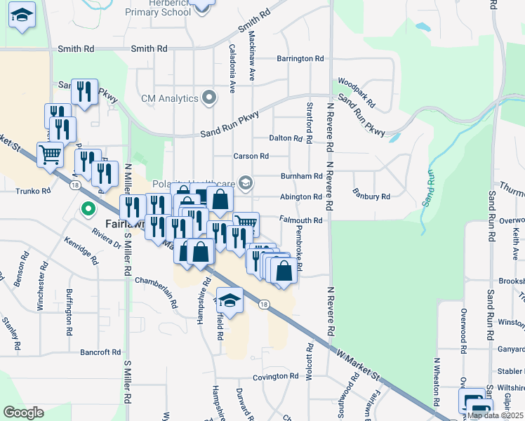 map of restaurants, bars, coffee shops, grocery stores, and more near 2545 Falmouth Road in Fairlawn
