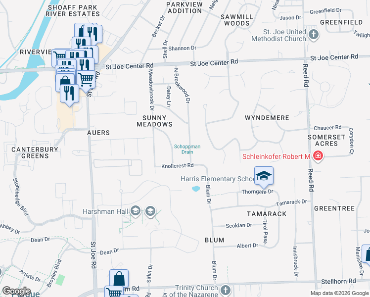 map of restaurants, bars, coffee shops, grocery stores, and more near 5339 North Brookwood Drive in Fort Wayne