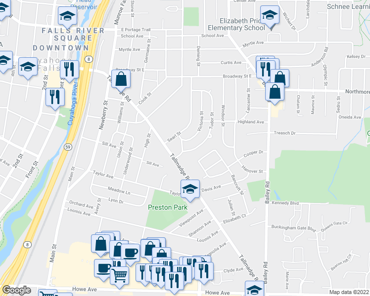 map of restaurants, bars, coffee shops, grocery stores, and more near 1912 Tudor Street in Cuyahoga Falls