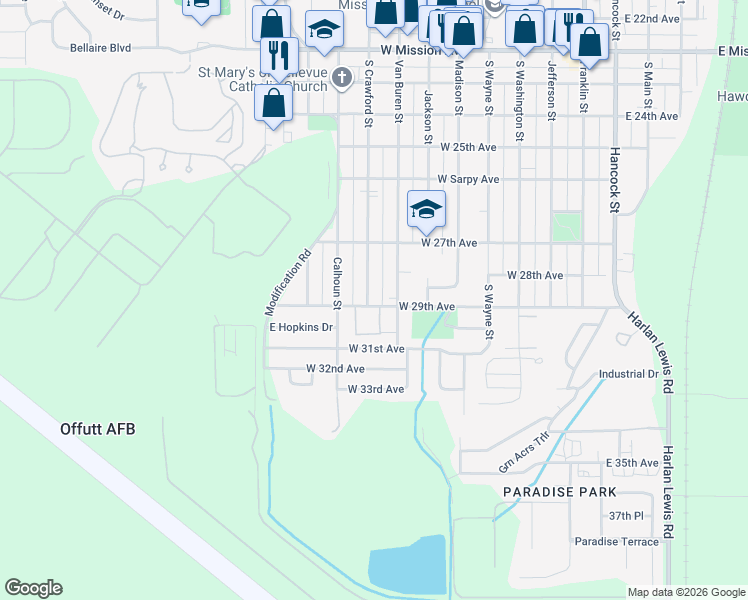 map of restaurants, bars, coffee shops, grocery stores, and more near 2811 South Crawford Street in Bellevue
