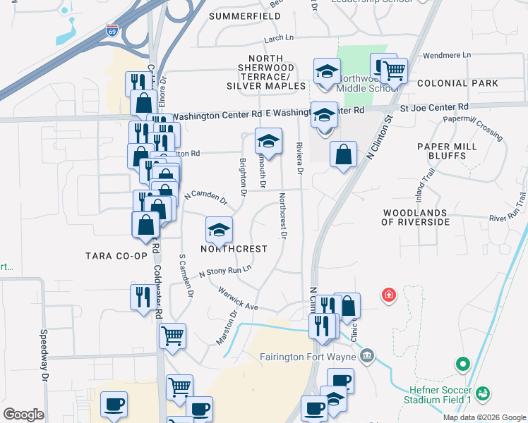 map of restaurants, bars, coffee shops, grocery stores, and more near 5408 North Stony Run Lane in Fort Wayne