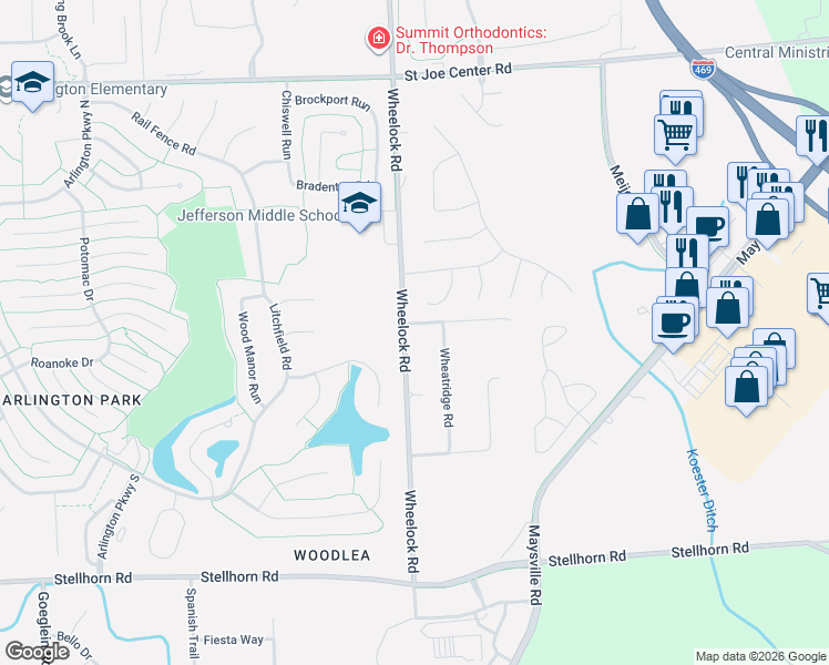 map of restaurants, bars, coffee shops, grocery stores, and more near 5026 Wheelock Road in Fort Wayne