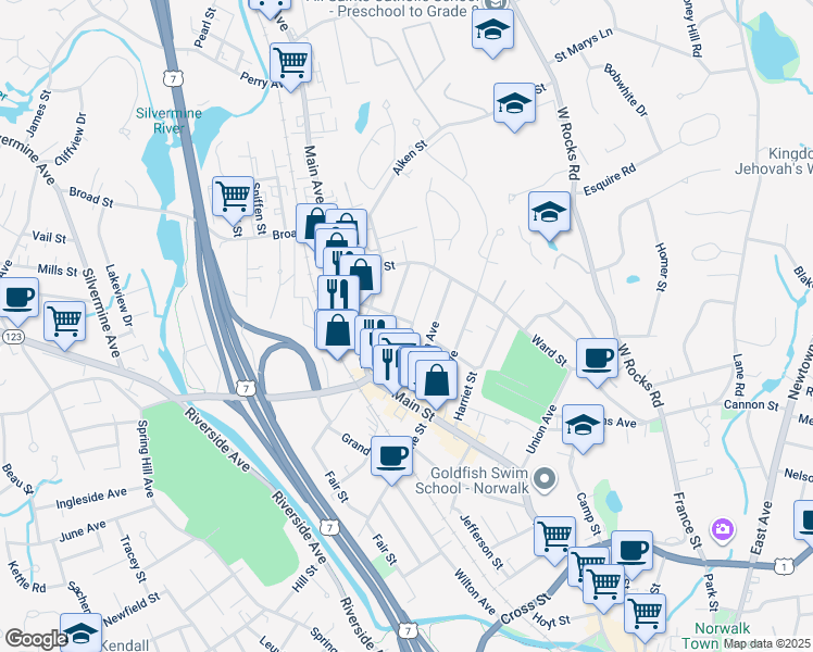 map of restaurants, bars, coffee shops, grocery stores, and more near 20 Hudson Street in Norwalk