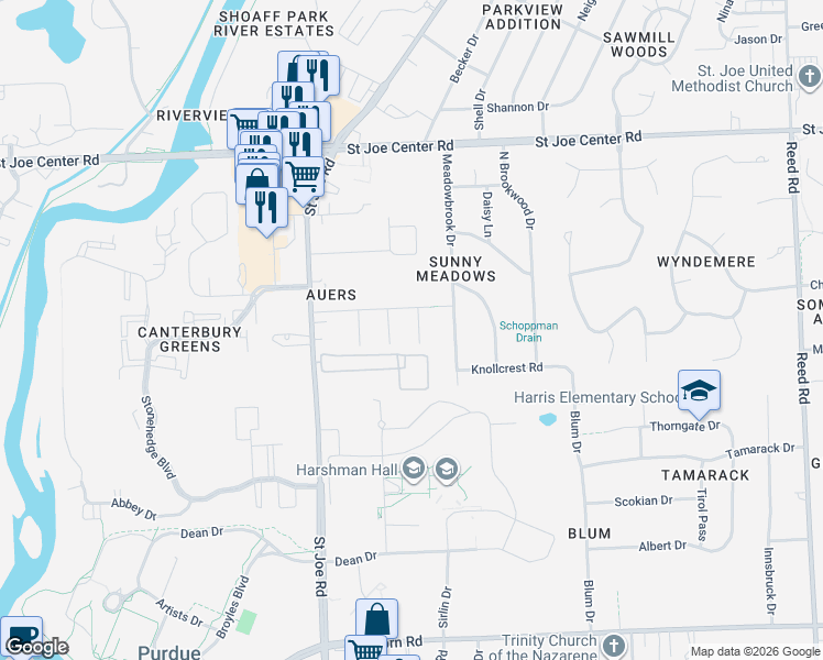 map of restaurants, bars, coffee shops, grocery stores, and more near 5319 Johnnie Drive in Fort Wayne