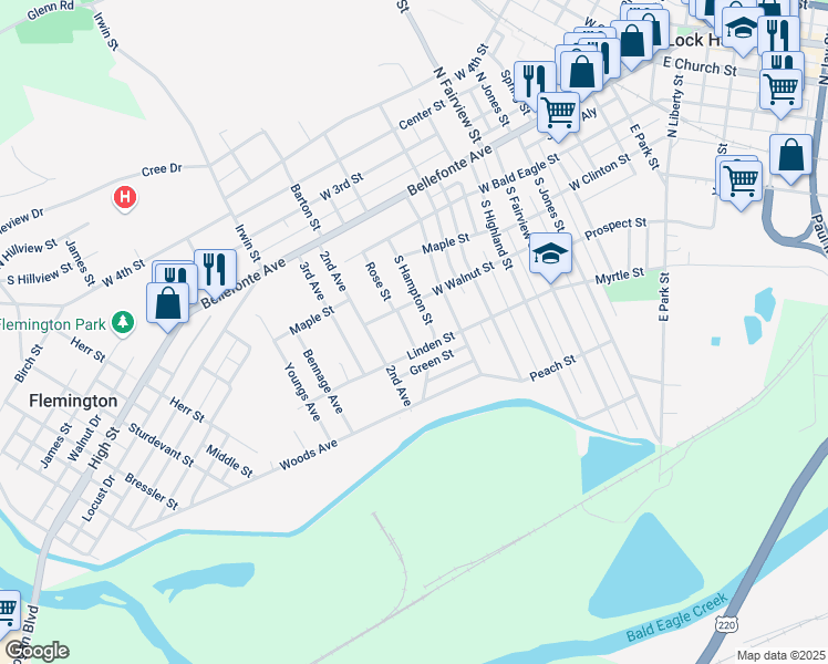 map of restaurants, bars, coffee shops, grocery stores, and more near 308 1st Avenue in Lock Haven