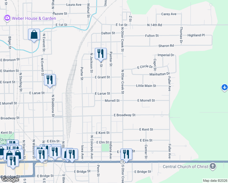 map of restaurants, bars, coffee shops, grocery stores, and more near 801 Painter Street in Streator
