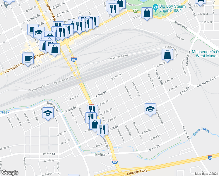 map of restaurants, bars, coffee shops, grocery stores, and more near 404 East 9th Street in Cheyenne