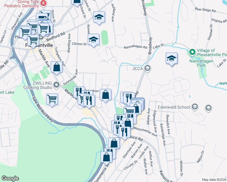 map of restaurants, bars, coffee shops, grocery stores, and more near 107 Columbus Avenue in Pleasantville