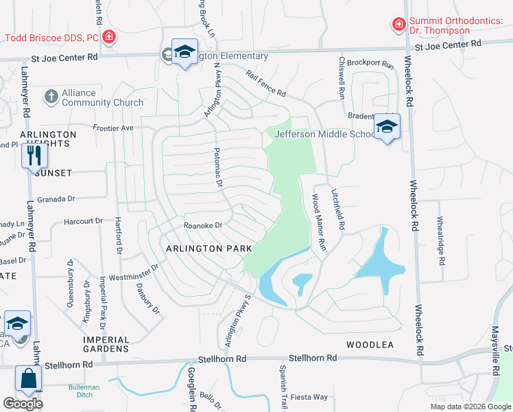 map of restaurants, bars, coffee shops, grocery stores, and more near 8426 Quincy Court in Fort Wayne