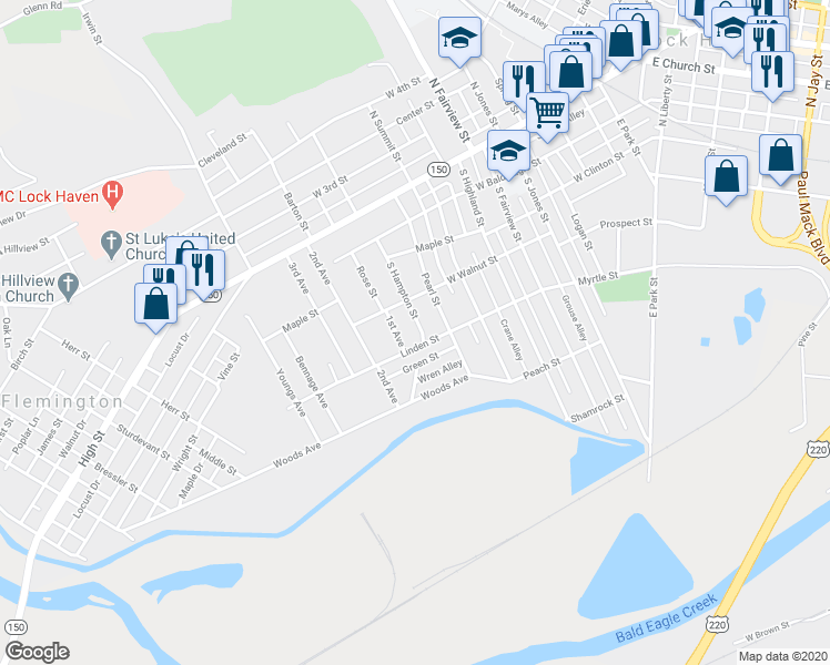map of restaurants, bars, coffee shops, grocery stores, and more near 333 South Hampton Street in Lock Haven