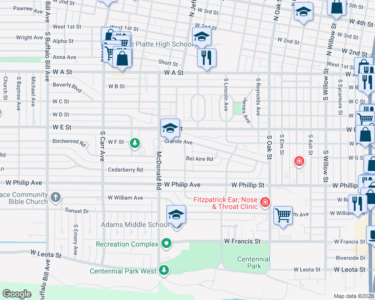 map of restaurants, bars, coffee shops, grocery stores, and more near 613 Spruce Street in North Platte
