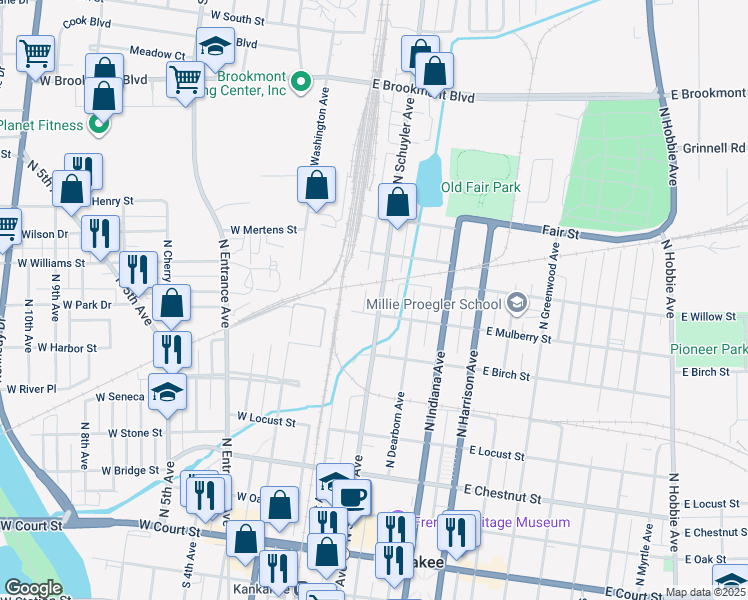 map of restaurants, bars, coffee shops, grocery stores, and more near 735 North Schuyler Avenue in Kankakee