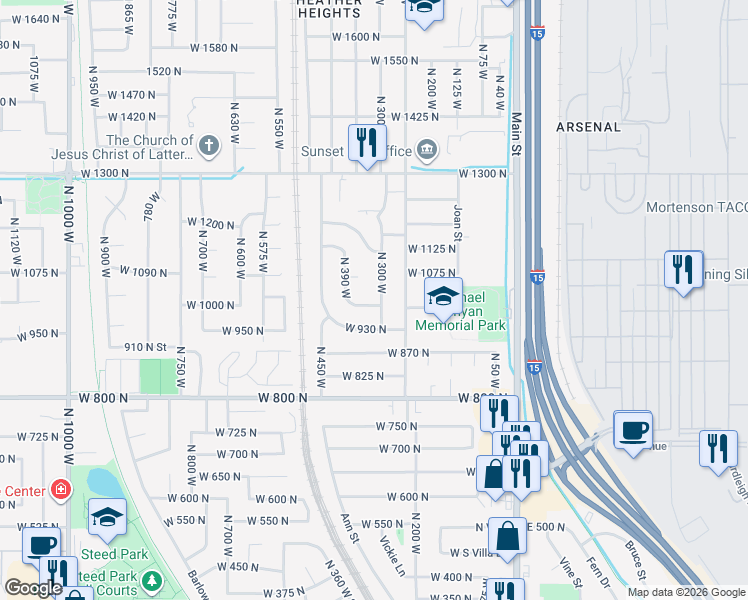 map of restaurants, bars, coffee shops, grocery stores, and more near 316 West 985 North in Sunset