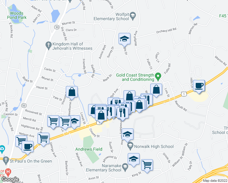 map of restaurants, bars, coffee shops, grocery stores, and more near 69 Wolfpit Avenue in Norwalk