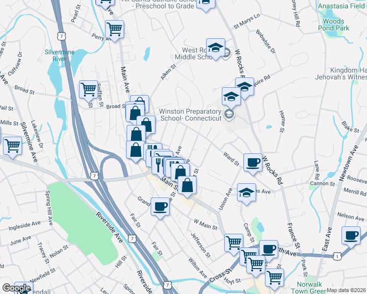 map of restaurants, bars, coffee shops, grocery stores, and more near 30 Plymouth Avenue in Norwalk