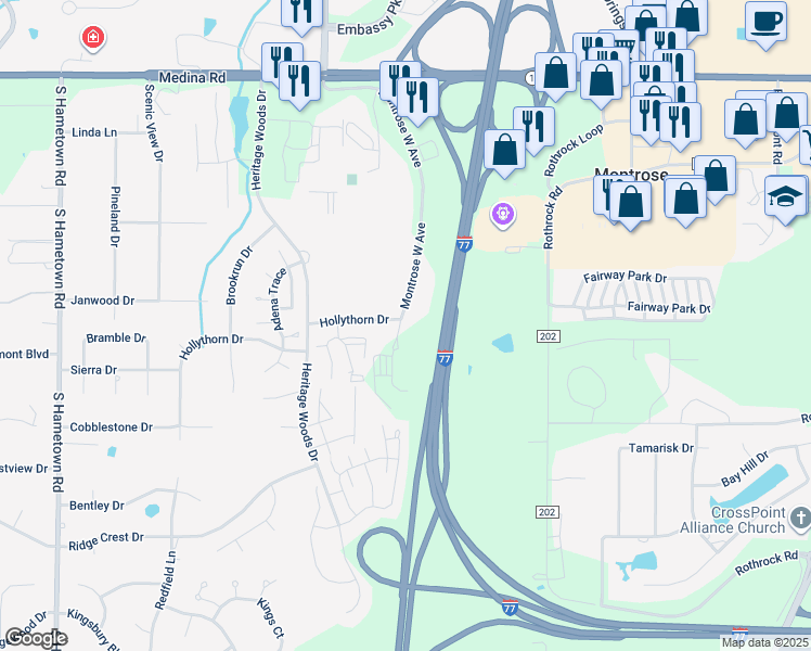 map of restaurants, bars, coffee shops, grocery stores, and more near 185 Montrose West Avenue in Copley