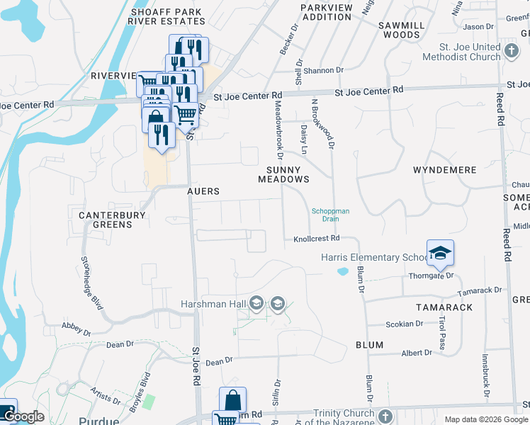 map of restaurants, bars, coffee shops, grocery stores, and more near 5319 Johnnie Drive in Fort Wayne