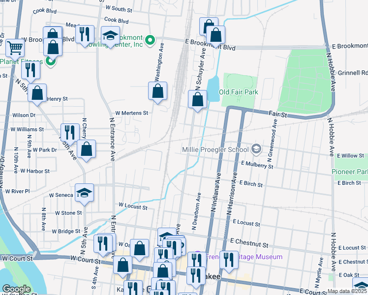 map of restaurants, bars, coffee shops, grocery stores, and more near 735 North Schuyler Avenue in Kankakee