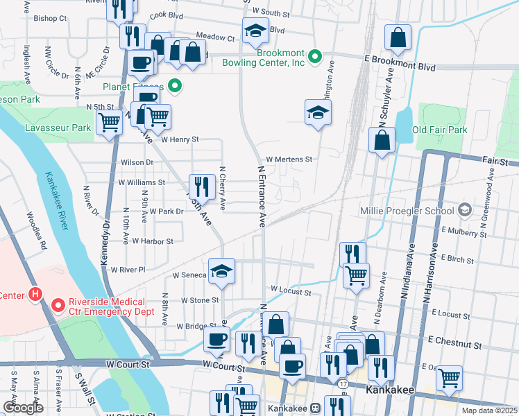 map of restaurants, bars, coffee shops, grocery stores, and more near 604 North Entrance Avenue in Kankakee