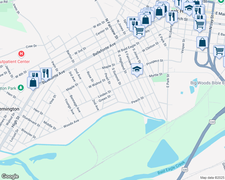 map of restaurants, bars, coffee shops, grocery stores, and more near 201 Linden Street in Lock Haven