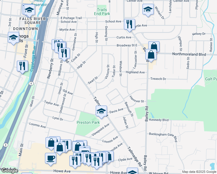 map of restaurants, bars, coffee shops, grocery stores, and more near 1925 Tudor Street in Cuyahoga Falls