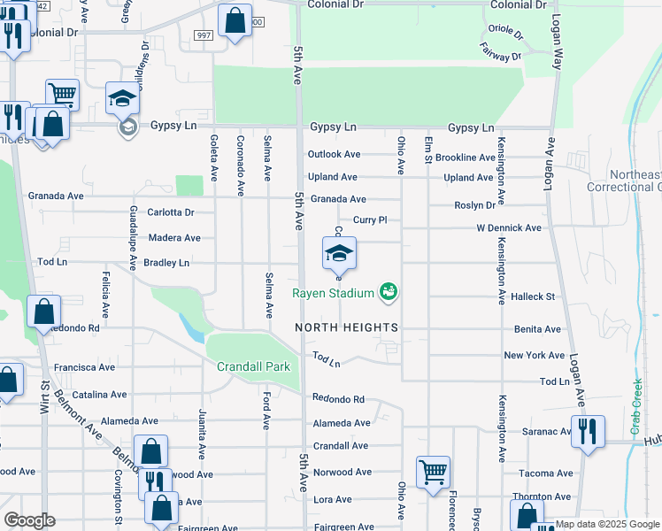 map of restaurants, bars, coffee shops, grocery stores, and more near 1904 Cordova Avenue in Youngstown