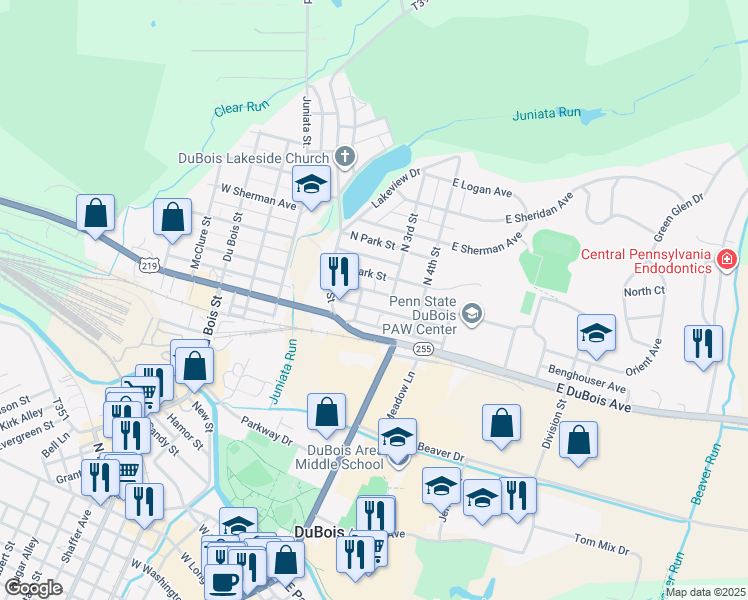 map of restaurants, bars, coffee shops, grocery stores, and more near 108 East 2nd Avenue in DuBois