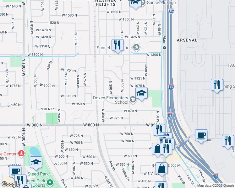 map of restaurants, bars, coffee shops, grocery stores, and more near 316 West 985 North in Sunset