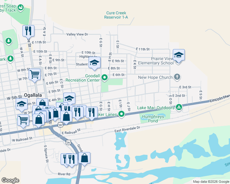 map of restaurants, bars, coffee shops, grocery stores, and more near 800-1052 E 4th St in Ogallala