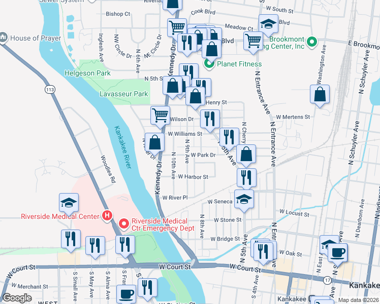 map of restaurants, bars, coffee shops, grocery stores, and more near 895 West Park Drive in Kankakee