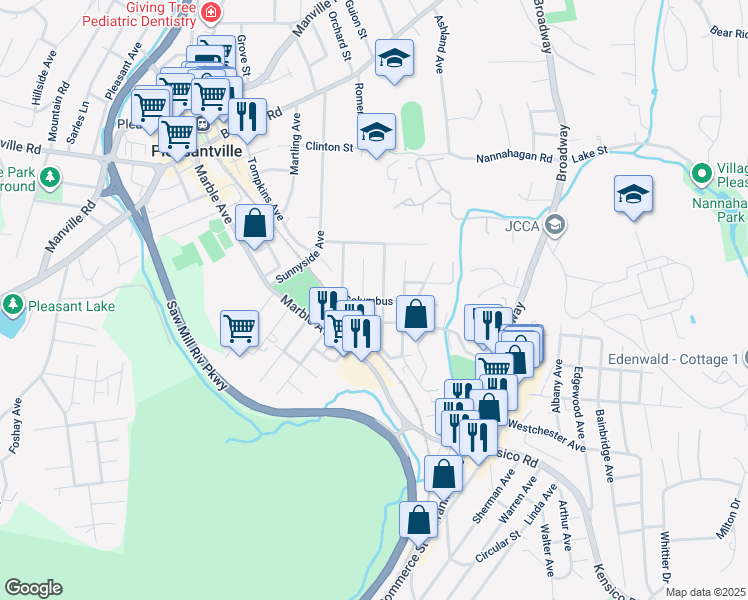 map of restaurants, bars, coffee shops, grocery stores, and more near 51 Columbus Avenue in Pleasantville