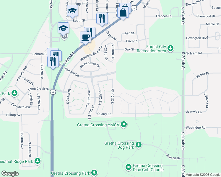 map of restaurants, bars, coffee shops, grocery stores, and more near 11914 South 210th Street in Gretna