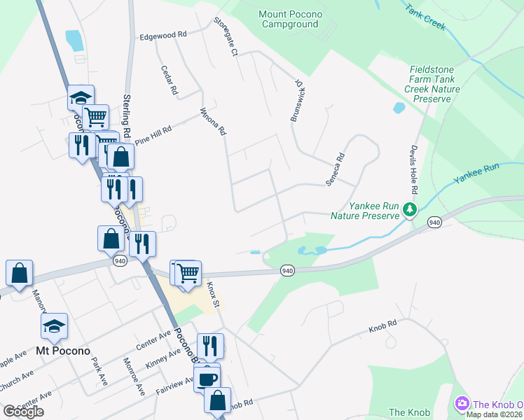 map of restaurants, bars, coffee shops, grocery stores, and more near 17 Seneca Rd in Mt Pocono
