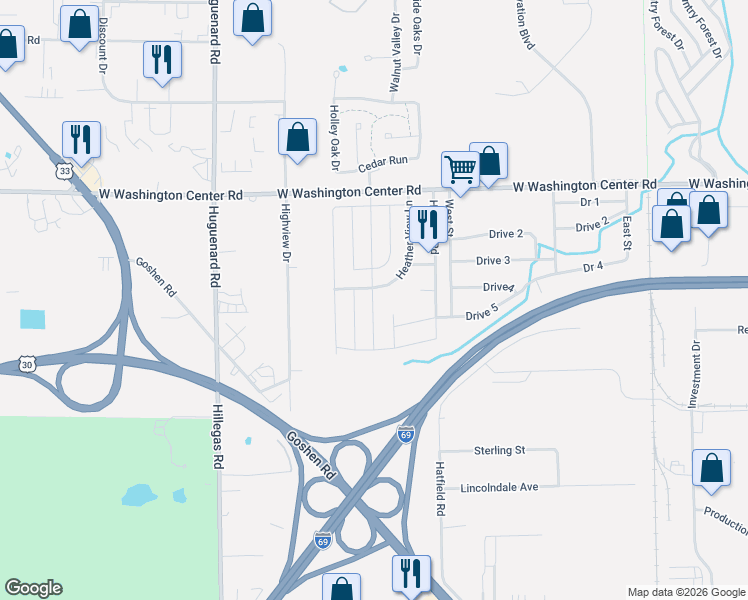 map of restaurants, bars, coffee shops, grocery stores, and more near 5612 Squiredale Lane in Fort Wayne