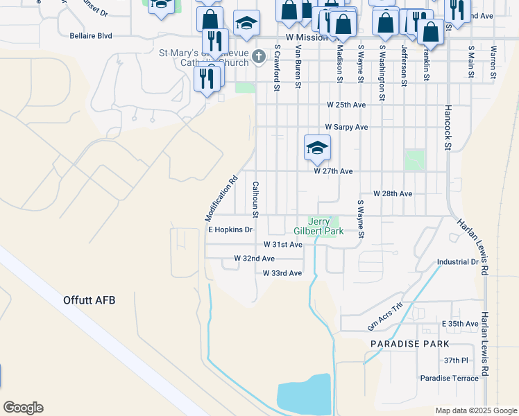 map of restaurants, bars, coffee shops, grocery stores, and more near 2809 Calhoun Street in Bellevue