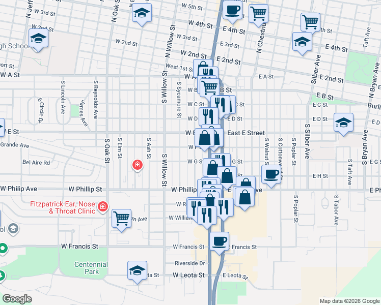 map of restaurants, bars, coffee shops, grocery stores, and more near 600-698 S Vine St in North Platte