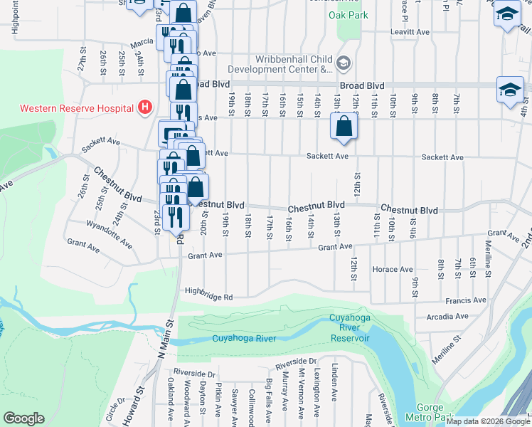 map of restaurants, bars, coffee shops, grocery stores, and more near 1708 Chestnut Boulevard in Cuyahoga Falls