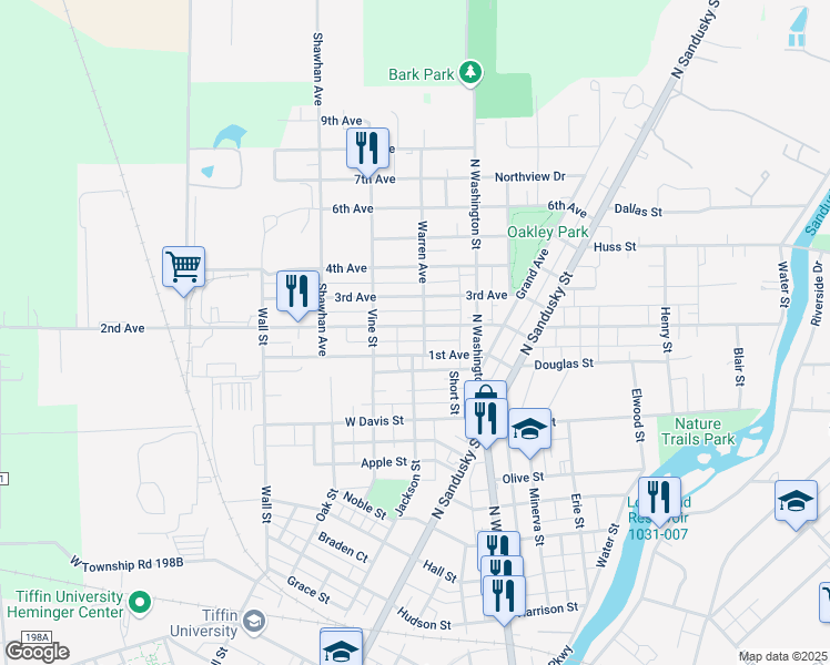 map of restaurants, bars, coffee shops, grocery stores, and more near 125 2nd Avenue in Tiffin