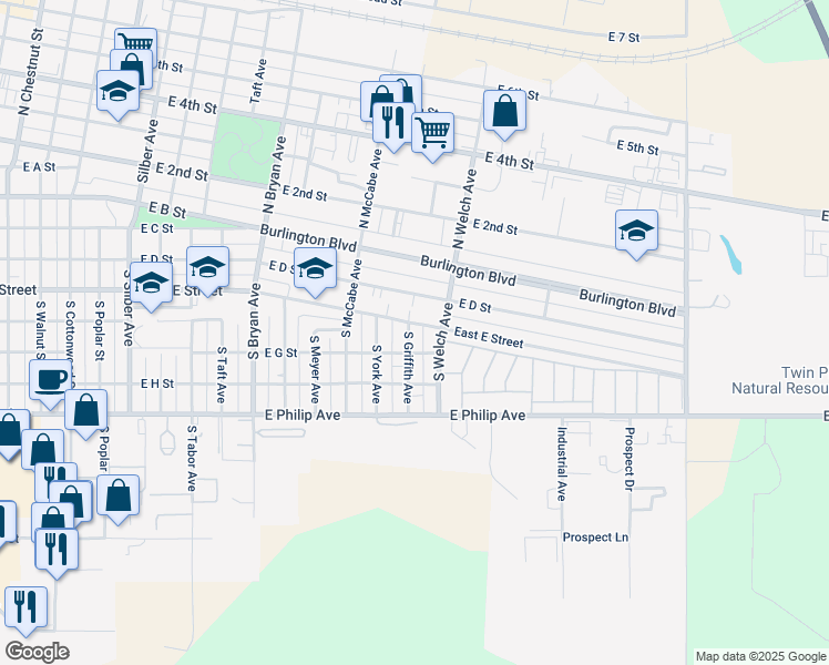 map of restaurants, bars, coffee shops, grocery stores, and more near 601 South Griffith Avenue in North Platte