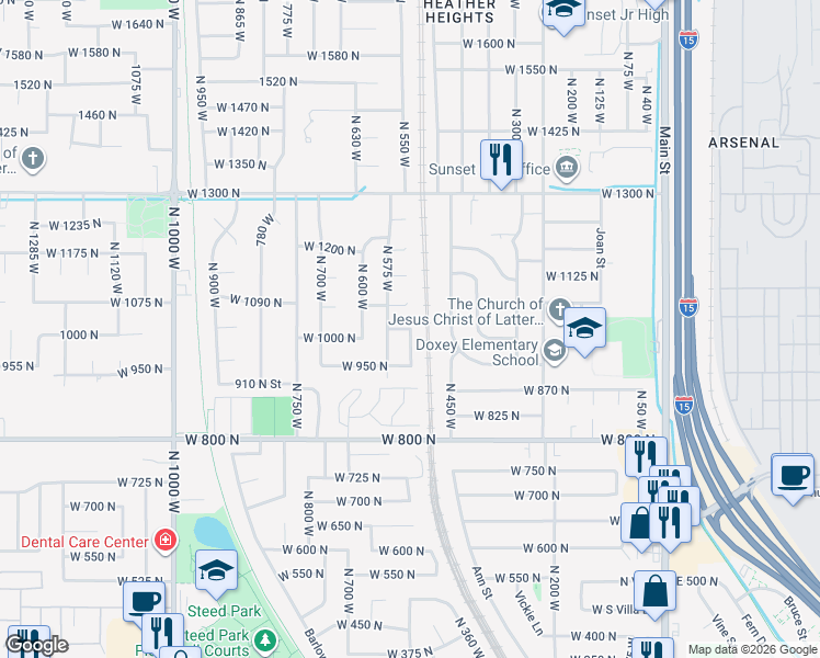 map of restaurants, bars, coffee shops, grocery stores, and more near 2186 North 525 West in Clinton