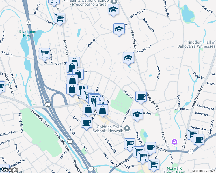 map of restaurants, bars, coffee shops, grocery stores, and more near 38 Center Avenue in Norwalk